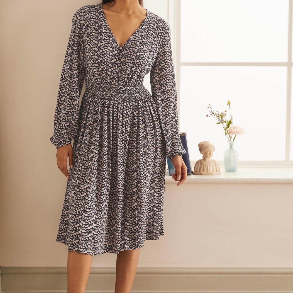 Boden Susannah Smocked Midi Dress Berry Branch